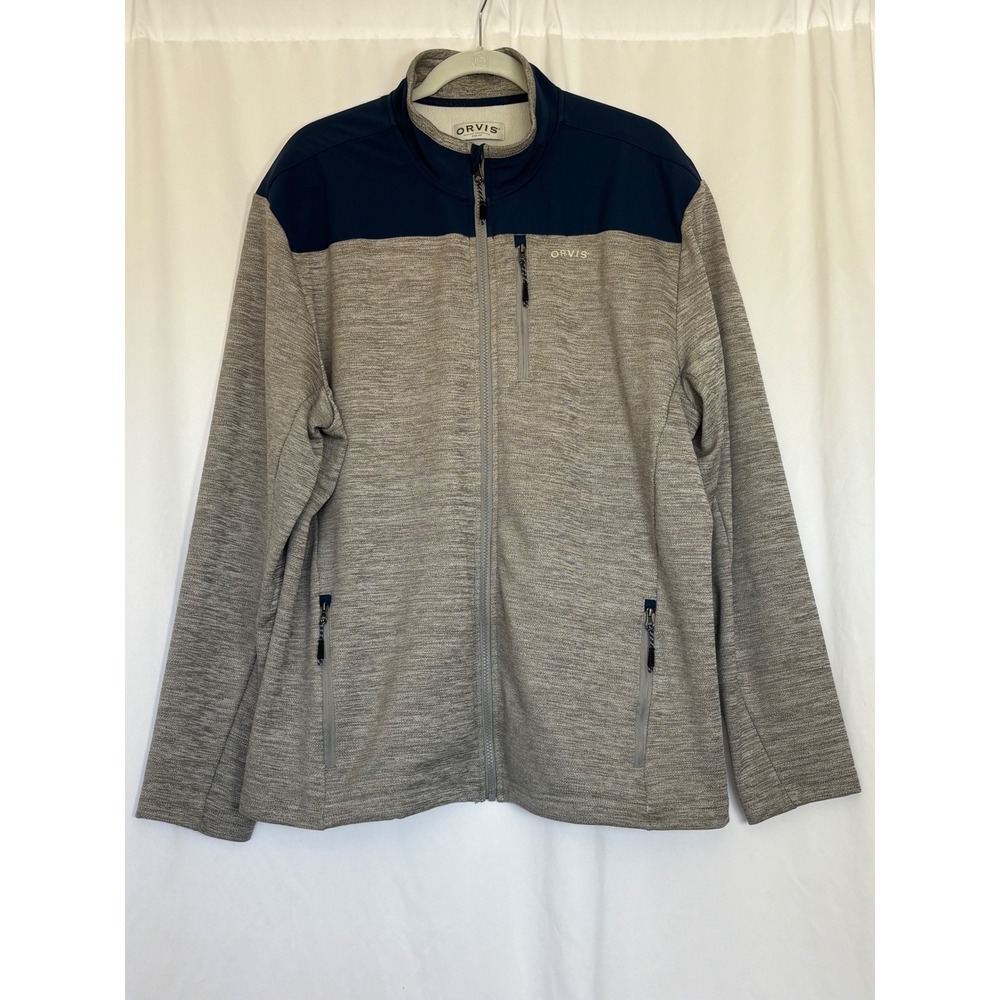 Orvis Mens XL Full Zip Fleece Jacket Heather Gray Navy Blue Outdoors